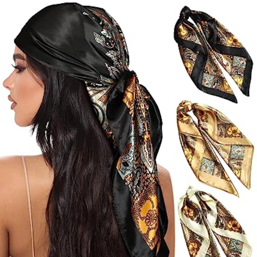 35” Large Square Satin Head Scarf - 3Pcs Satin Hair Scarves Silk Bandana Scarf